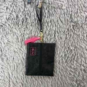 Makeup Junkie Bag Small Black Wristlet Embossed Tooled With Red Interior